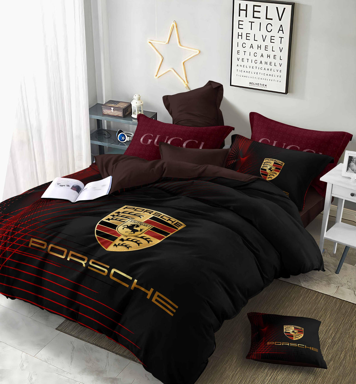 Noir Crest Bedding Set - black and burgundy dramatic crest motif - source file Anara-Lifestyle-Product-09.jpg