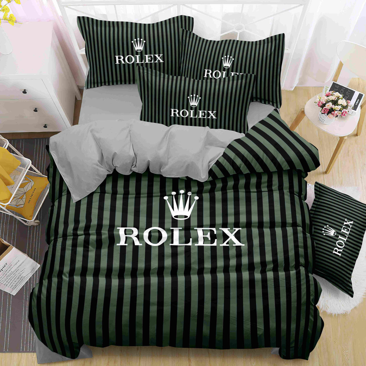 Emerald Pinstripe Bedding Set - emerald green tailored pinstripe styling - source file Anara-Lifestyle-Product-10.jpg